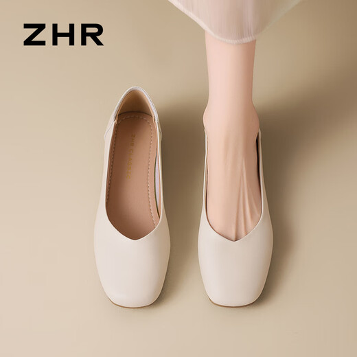 ZHR粗跟船鞋女浅口简约女鞋夏季一脚蹬通勤单鞋女 AH677 米色  35 