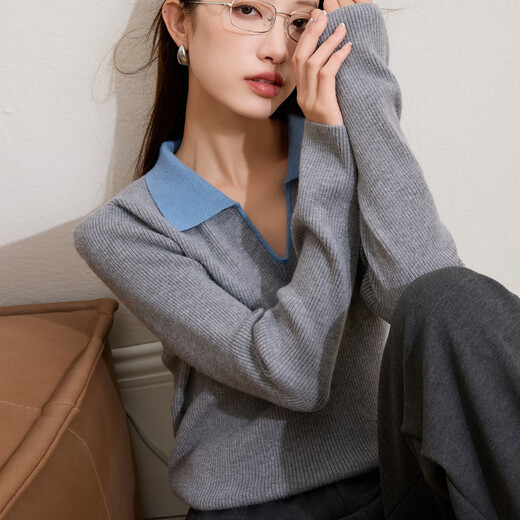 Sancai Ruochao plus size women's clothing 2025 winter new Polo collar ribbed sweater bottoming slim long sleeve fat MM floral gray M 160/88B