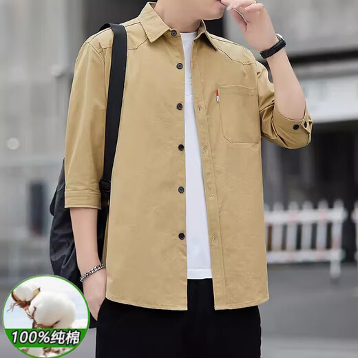 恒源祥夏天七分袖衬衫男新款纯棉衬衫男士大码潮流休闲工装衬衣外套男装 LYC-Q6626七分 袖【咖啡】 M