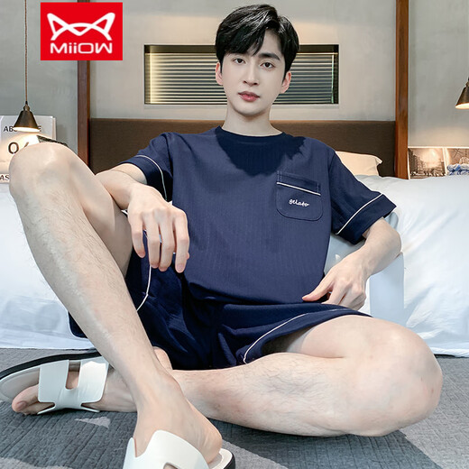 Catman (MiiOW) summer men's pajamas short-sleeved shorts cotton teenagers Korean style student large size home clothing middle-aged suit thin 9922 L men (recommended 100-130 Jin [Jin equals 0.5 kg])