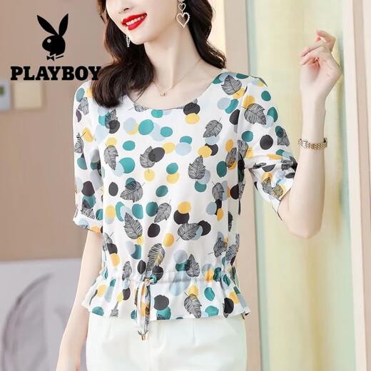 Playboy (PLAYBOY) heavy silk shirt for women in summer new style, age-reducing and slimming belly printing short-sleeved mulberry silk shirt color 9855# L 105-115Jin[Jin equals 0.5 kg]