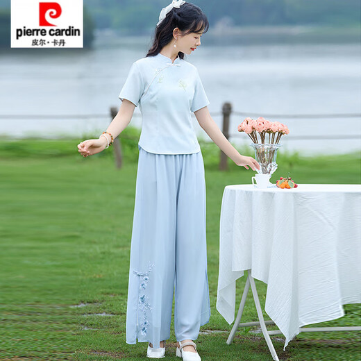 皮尔卡丹（pierre cardin）2025新款复古中式立领汉服棉麻大码显瘦衬衫盘扣上衣+阔腿裤两件 897白色上衣 M 85-95