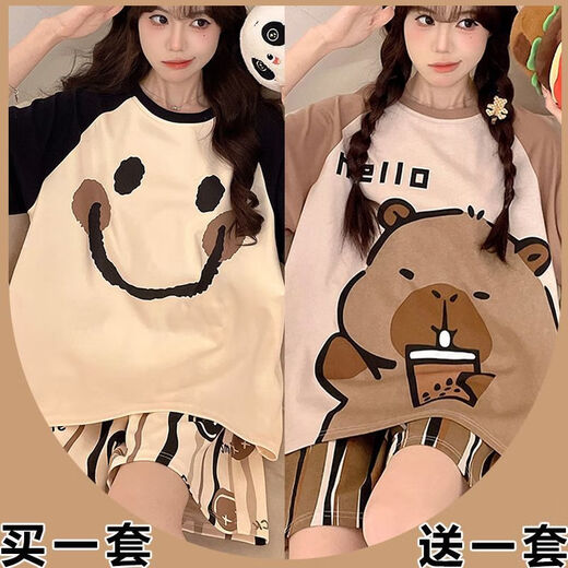 UKUHPK睡衣卡皮巴拉短袖女生圆领夏季薄款高颜值甜美居家服套装2025 693黑笑脸+694卡皮巴拉 M 【80-98斤】