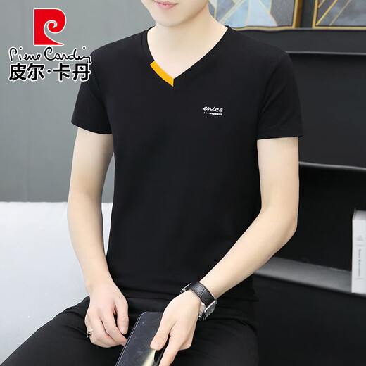 皮尔卡丹夏季新款男士棉V领半袖T恤潮流休闲小字母印花鸡心领短袖体恤衫 蓝灰色 QY692 M 90-100斤