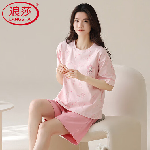 
LangSha light luxury pajamas for women in summer shorts shorts cotton round neck thin sweet pink home clothing set can be worn outside Z9855 M [80-100Jin [Jin equals 0.5 kg] wear]