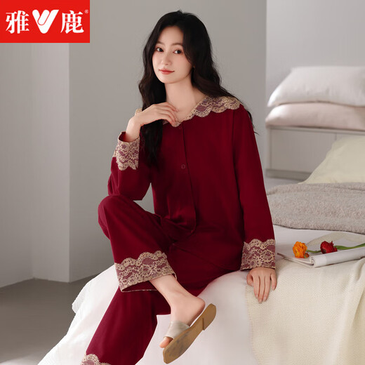 Yalu-Pyjamas für Frauen im Frühjahr und Herbst reines Baumwoll-Langarm-Spitze Großgröße Loses Jahr des Zodiac Red Snake Year Home Clothing Set 4885 WEIN ROT M 80-100JIN [Jin ist 0,5 kg]
