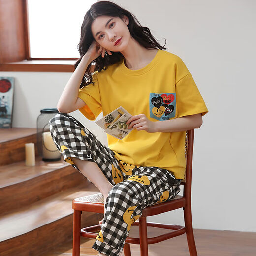 Langsha 100% pure cotton pajamas for women in spring and summer short-sleeved trousers casual loose women Korean style home clothes for autumn wear suit T-9711 (short-sleeved trousers) XL size (125-145Jin [Jin equals 0.5 kg]) All size