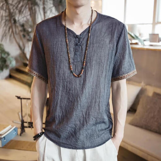 左斯客中国风男装刺绣T恤男短袖宽松大码薄款休闲盘扣复古棉麻上 686米白色 XL 130斤内