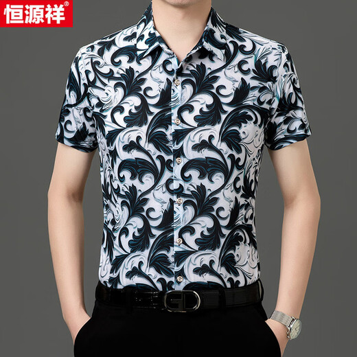 恒源祥夏季桑蚕丝短袖印花衬衫男冰.丝半袖免烫花衬衣休闲中年爸爸薄款 Y81-9898黑色 L 170【120-140斤】