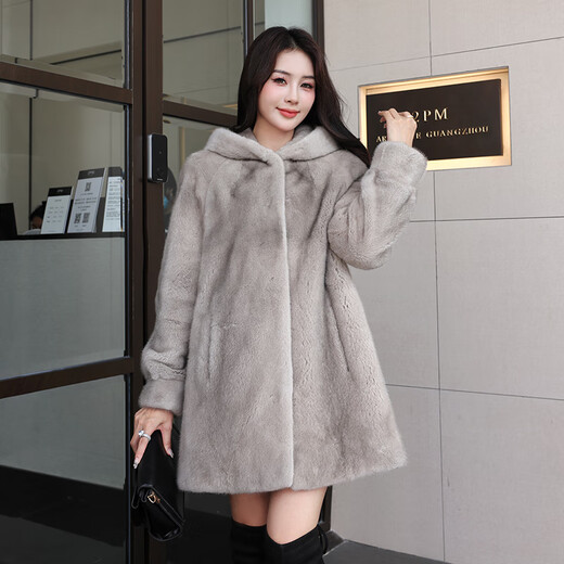 Winter Home Brand Fur 2025 Neu importiertem Nerzmantel Frauen Voller Nerz-Kapuzen mit mittlerer Länge Nerzfell Jacke Silber Blue XL 120jin [Jin entspricht 0,5 kg] -140jin [Jin ist gleich 0,5 kg]