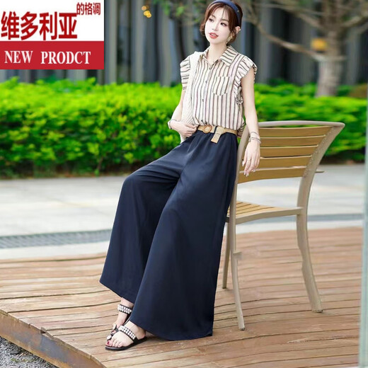 维多利亚的格调时尚小香风短袖条纹衬衫+阔腿裤两件套小仙女夏季新款裙裤一整套 白色 两件套 M 建议穿90-110斤左右