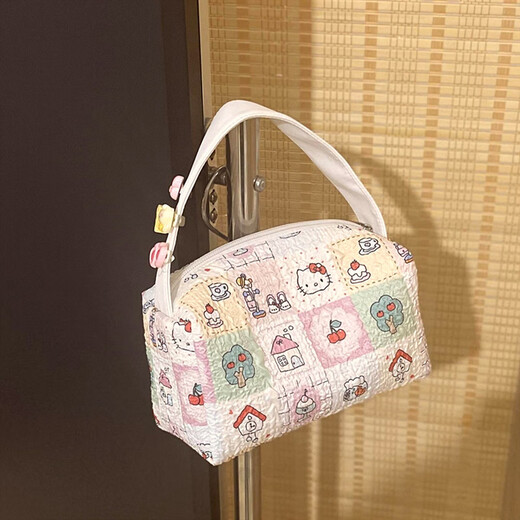 Feiyuega's new cartoon cat portable cosmetic bag, convenient large-capacity cosmetic toiletry bag, cute storage bag for women when going out, plaid cat (no accessories), white