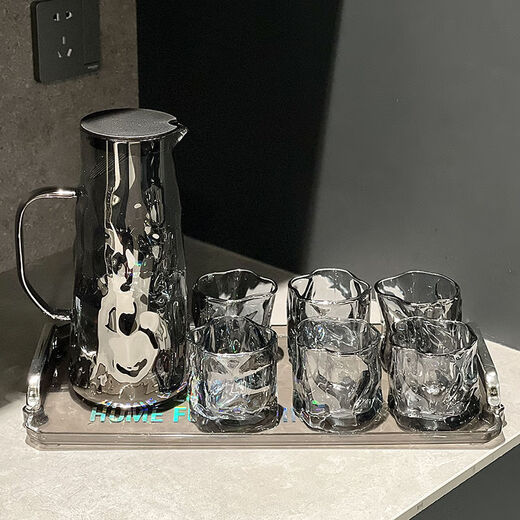 Renowned Nordic Feng Shui set household cold kettle glass living room drinking cup family hospitality tea cup high-end 1 glacier pot + 6 ice pattern cups + tray + cup holder