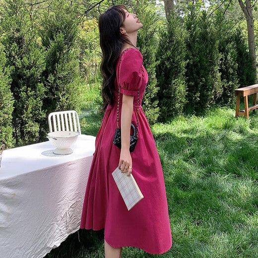 Französisch Retro rosa Kleid für Frauen 2025 Sommer-Puffhülle Taille-Hugging Princess Long Rock D1396 Rose Red XL [120-130jin [Jin entspricht 0,5 kg]]
