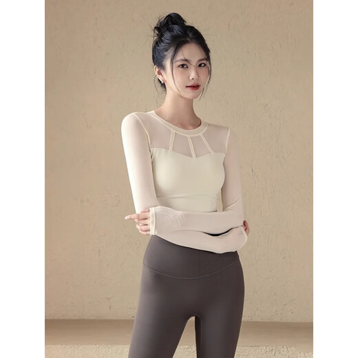 LULUUVTTOH yoga clothes for women, autumn and winter sports tops with chest pads, sexy mesh long-sleeved Pilates training fitness clothes, black, fixed chest pads M