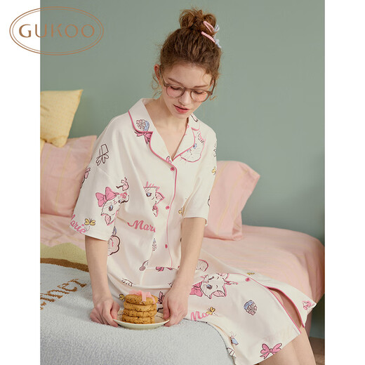 果壳（Gukoo）睡衣女夏季迪士尼玛丽猫可爱满印短袖女士家居服睡裙 香草粉  M 