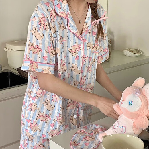 韩版丑鱼汉顿睡衣女夏天薄款家居服短袖短裤长裤卡通可爱三件套装 套WZL1477【无眼罩】 XL【建议120-135斤】