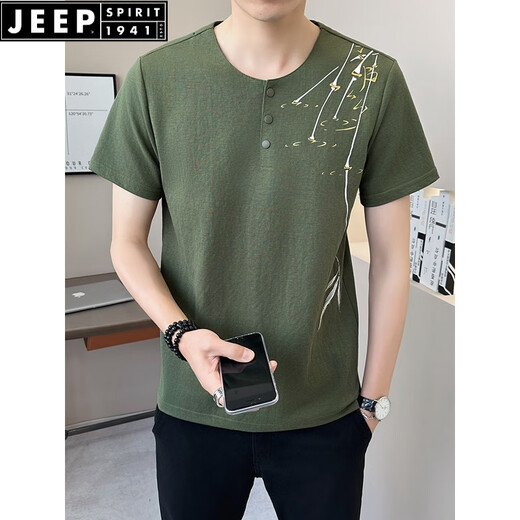 JEEP SPIRIT新中式国风v领短袖T恤男夏季亚麻2025新款透气竹子半袖男士体恤衫 9856卡其色 M (约90~105斤可穿)