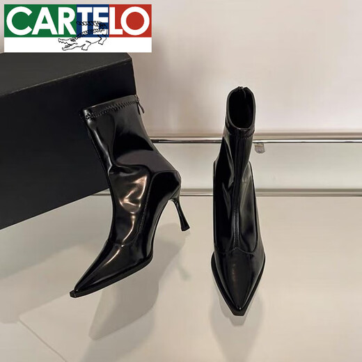 Cartelo High Heel Speced Toe Stiefel 2025 Herbst und Winter Neue französische schlanke Absatz Nacktstiefel Dünne Stiefel Retro Elastic Boots Schwarze Leder Version Single 34