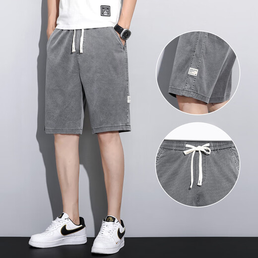Tennis denim shorts men's five-point pants summer loose straight wide-leg pants men's trendy ice silk casual mid-sized pants 1049 blue M 100-115Jin [Jin equals 0.5 kg]