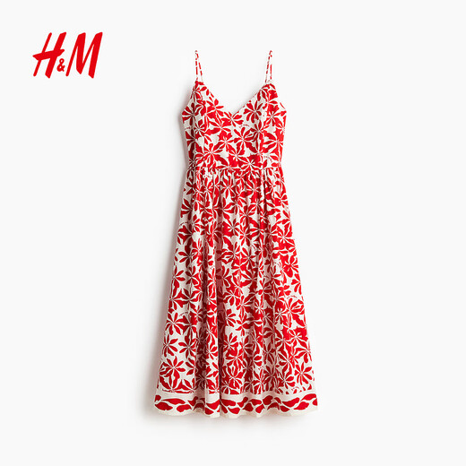 H&M女装连衣裙2025夏季新款碎花V领修身A字度假吊带连衣裙1278036 白色/红色花卉 L 170/104