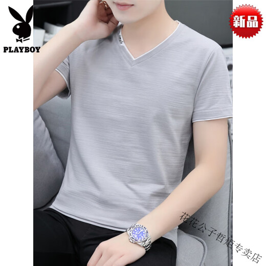 
Playboy (PLAYBOY) high-end brand summer internet celebrity solid color pure cotton short-sleeved T-shirt for men V-neck large-size trendy brand half-sleeved high-end brand--blue gray 691 models--high-end brand M 90-115Jin[Jin equals 0.5 kg]