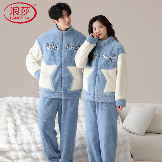 LangSha Couple Pajamas Two sets of price Winter coral velvet warm plus velvet suit casual cardigan can be worn as home clothes 3617 couple M female + L male