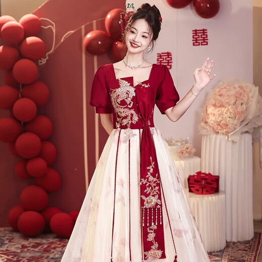 丽佰昕中式敬酒服新娘新款2025夏季订婚结婚礼服裙女高端纱裙回门晚礼服 酒红色 L 建议105-110斤