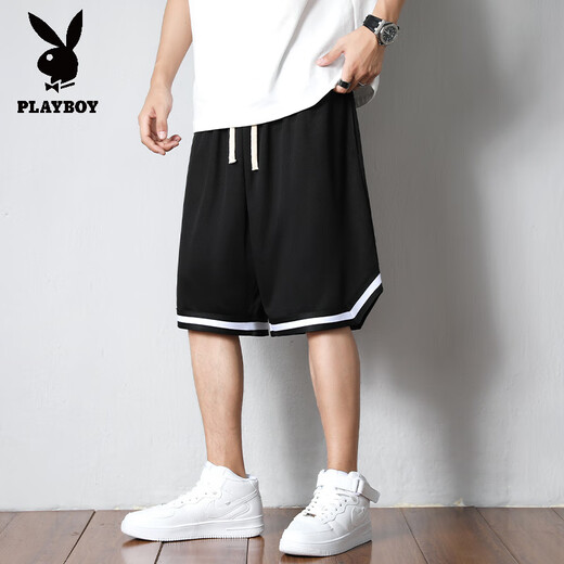 花花公子（PLAYBOY）运动短裤男款夏季美式篮球裤衩冰丝速干五分中裤男士宽松休闲裤子 1478 黑色 L