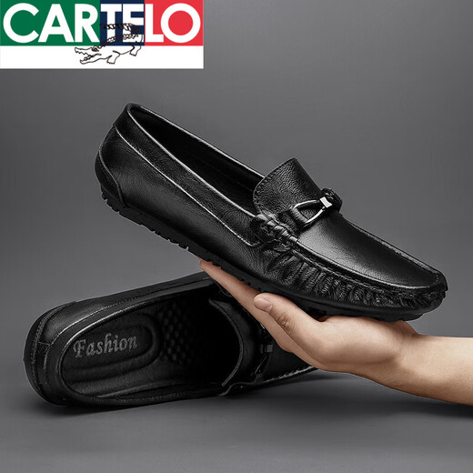CARTELO leather bean shoes for men 2025 new Korean version of versatile trendy casual lazy people pedal soft sole breathable leather shoes 9901 black [hollow] 38 men's high-end casual shoes