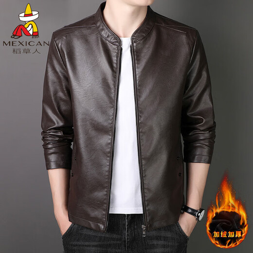 Scarecrow's new leather jacket for men in spring, autumn and winter, fashionable washed solid color slim fit business casual PU leather jacket plus velvet jacket 8802 black plus velvet style XL (recommended 120-140Jin Jin equals 0.5kg)