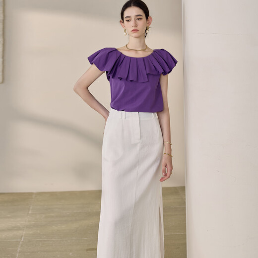 Roeyshouse Rove Elegant Ruffen runder Nacken Sommer kurzärmeliges Frauen Top 2025 Neues reines Baumwollhemd 12141 Lila L.