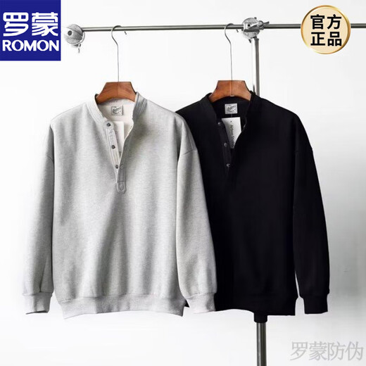 ROMON handsome trendy autumn men's henley collar long-sleeved T-shirt bottoming shirt stand-up collar solid color loose casual pullover sweatshirt black high quality XL recommended 120-135Jin Jin equals 0.5 kg