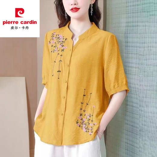 皮尔卡丹夏季中袖棉麻上衣女2025新款国风刺绣女士衬衫妈妈装宽松亚麻小衫 红色-694 M 【约108斤内】