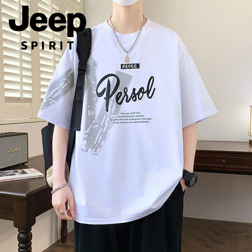 JEEP SPIRIT大码男装宽松短袖T恤高中学生夏季五分袖加肥加大圆领男孩上衣服 D693-款五分袖黑色 M (90-105斤)