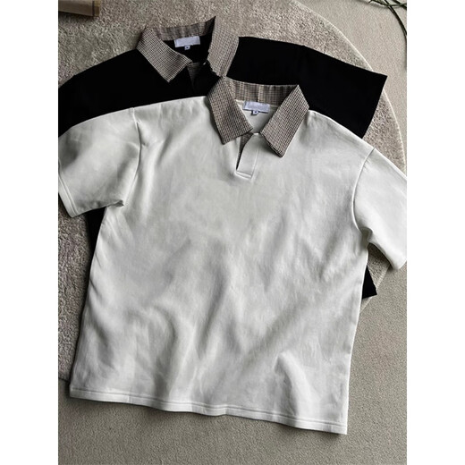 Amerikaner Retro Houndstooth Kurzärärmelte Polo-Shirt Herren Sommerfarbe Henry Kragen T-Shirt Schwere Reinigungsmittel halbärmelig weiß L.