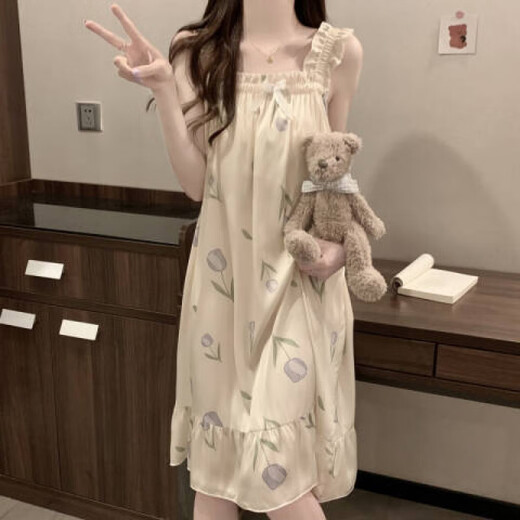 樵廿吊带睡裙女士甜美可爱夏季薄款冰丝凉感少女带胸垫睡衣公主家居服 1355吊带裙 草莓小花 (带胸垫) M 160