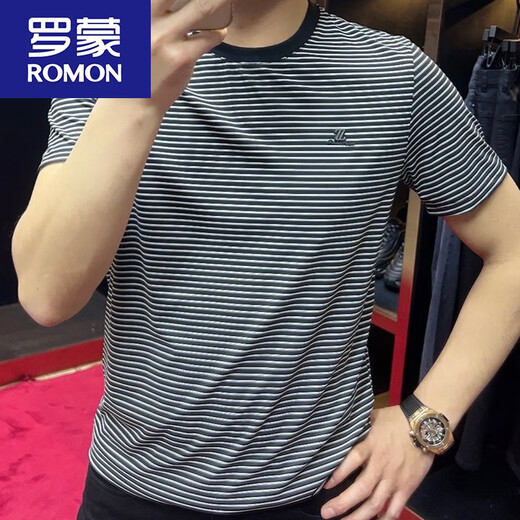 罗蒙（ROMON）2025年夏季新品圆领条纹短袖男士T恤休闲半袖修身打底衫运动t恤潮 9901黑色 M 建议90-115斤