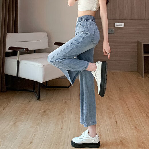 莱赛尔天丝微喇裤八九分夏季薄款休闲爆款百搭2025新款女低个子 蓝色-八分裤 M