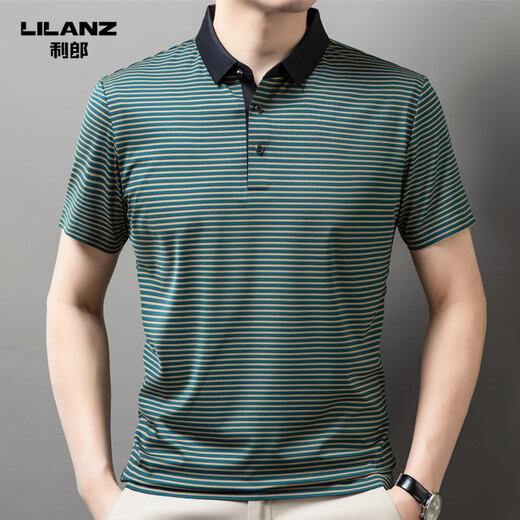 Lilang men's lapel short-sleeved T-shirt summer striped young and middle-aged business casual POLO shirt ice silk breathable top blue 13691 2XL 185