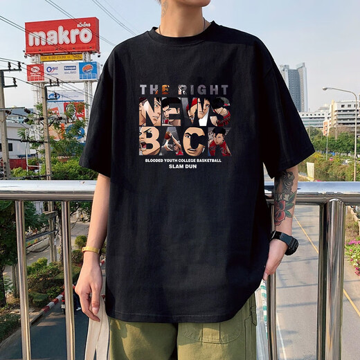 美式重磅纯棉短袖T恤男款夏季潮流宽松百搭休闲半袖体恤情侣上衣 3888*灌篮黑色 3XL  160-180斤