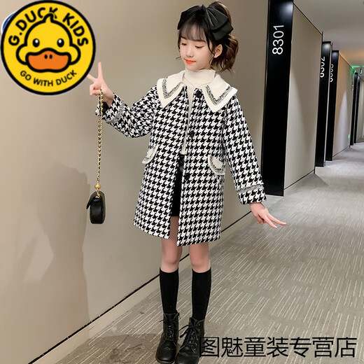 G.DUCKKIDS Girls' Woolen Coat Autumn and Winter 2023 New Mid-Length Children's Style Girls' Thickened Woolen Coat Children's Clothing Black 110 cm