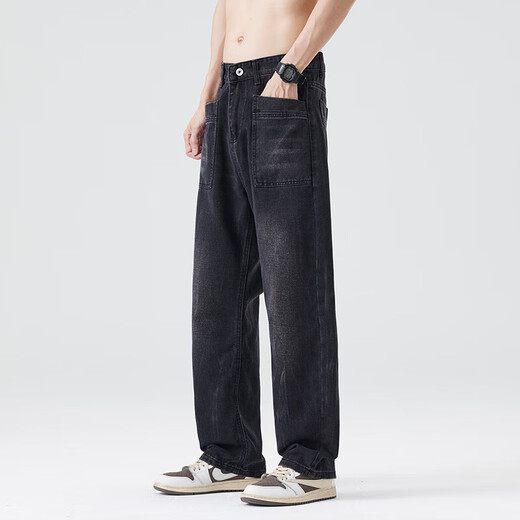 LINGZHI 2025 Nouveau jean mince d'été pour les hommes lâches Straight Works American Lightning Pantalon Retro n Black Yes / 9893 L [115-135Jin [Jin est égal à 0,5 kg]]