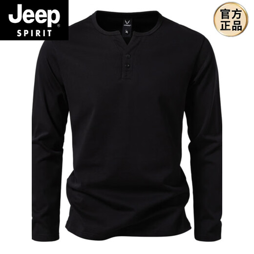 JEEP SPIRIT 300g heavy cotton large size slim henley collar long-sleeved T-shirt men's spring and autumn solid color sports fitness T-shirt military green L