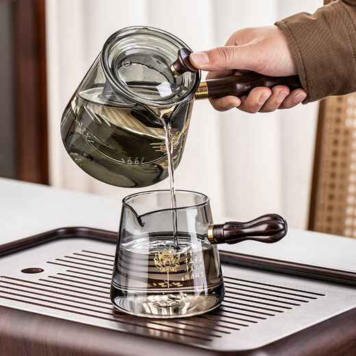 Porcelain brand tea set, carved glass teapot, tea set, household anti-scalding wooden handle tea kettle, high-end Kung Fu tea set, gray bamboo carved teapot, 8-piece set with handle and cup + tea tray