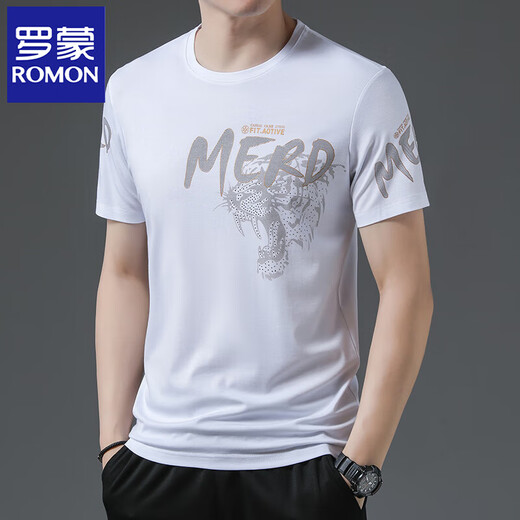 
ROMON (ROMON) mulberry silkworm. Silk short-sleeved T-shirt for men in summer new ice silk middle-aged and elderly men round neck printing trendy thin half-sleeved body Pure white 733 L 170 [recommended 120-135 Jin [Jin equals 0.5 kg]]