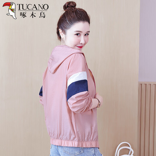 
Woodpecker 2025 summer new fashion hooded short sun protection clothes for women splicing contrasting colors and versatile thin coat for women casual pink thin S recommended 80-90Jin [Jin equals 0.5 kg]
