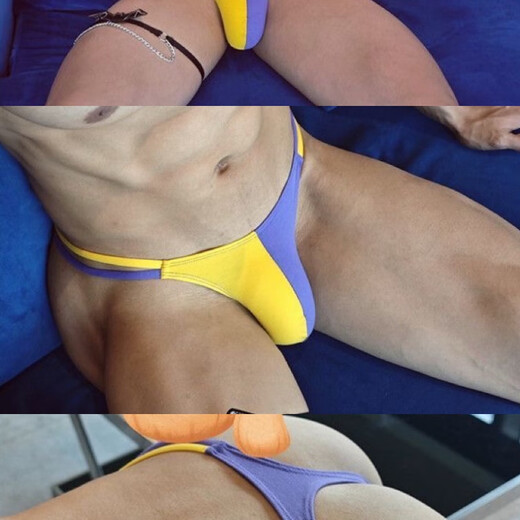 Men's thong sexy underwear men's low-waisted sexy t-pants no need to take off color matching cotton sports breathable muscle male 0m yellow color matching 1 piece 3XL