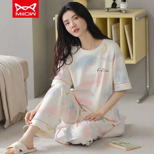 猫人 MIIOW睡衣女春夏季短袖长裤纯棉韩版学生夏天可外穿纯棉家居服套装 YZT9719 棉短长 M （80-斤）