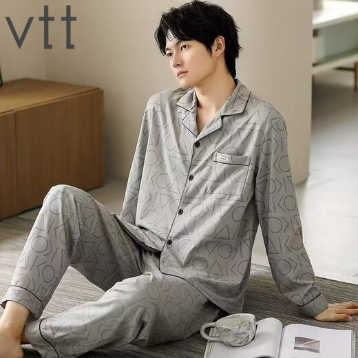 VTT男士睡衣男款春秋款2025新款纯棉长袖秋冬款秋季家居服套装 V长袖套装：OMM12026 坑条 L